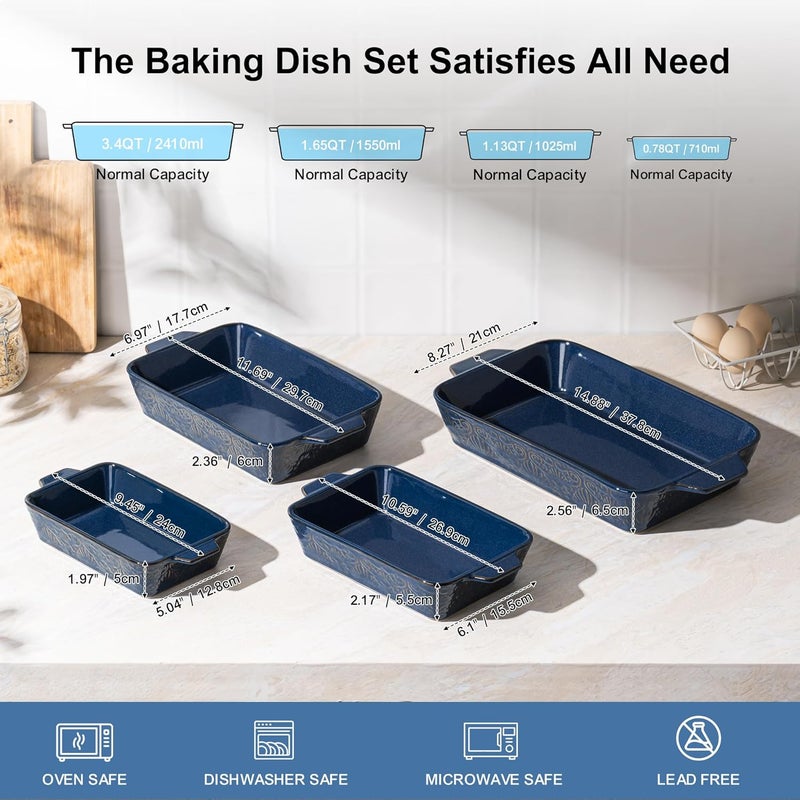 Dafuceramic Casserole Dishes for Oven, Baking Dishes, Ceramic Bakeware Sets of 4, Rectangular Baking Pan Set with Handles for Baking, Casserole, Kitchen, Wedding Gift (Blue) - Image 2